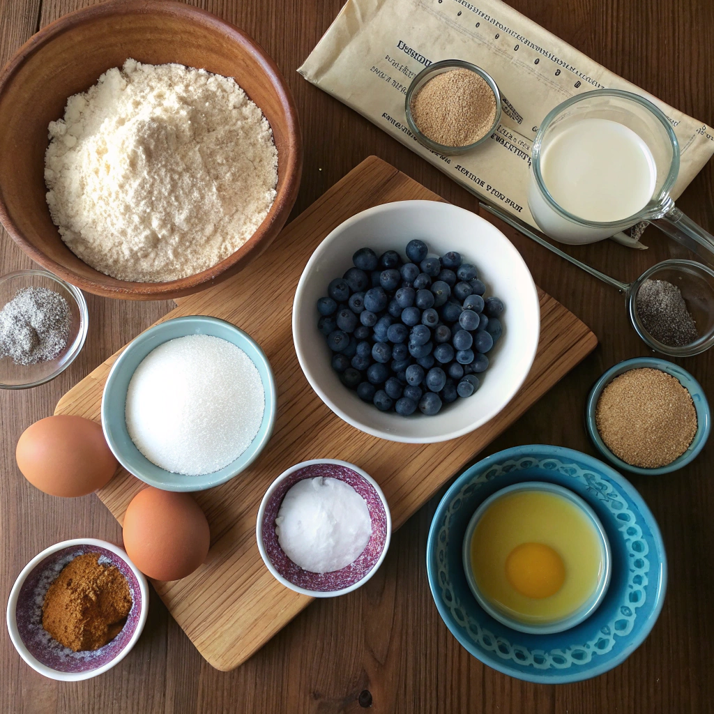 Breakfast muffins ingredients including flour, blueberries, buttermilk on rustic table ready for baking.