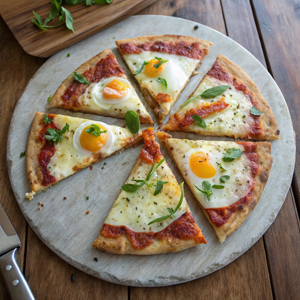 Breakfast pizza recipe with crispy hash browns, melted cheese, and set eggs on a rustic wooden table.