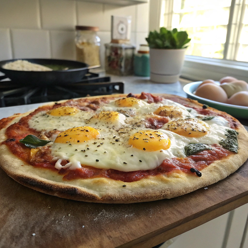 Breakfast pizza recipe with eggs and melted cheese, golden-brown crust in rustic kitchen setting