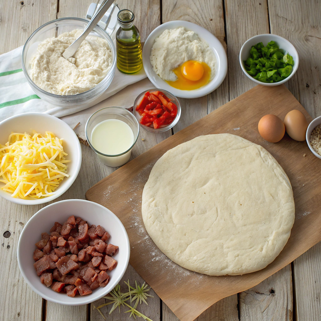 Breakfast pizza recipe ingredients with eggs, sausage, bacon, veggies, flatlay of all items needed to make this tasty dish.