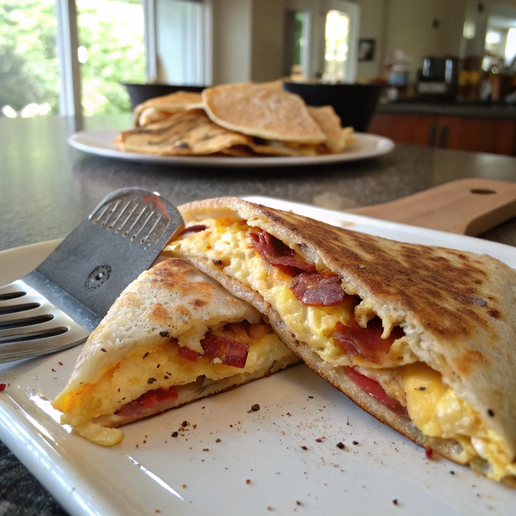 Breakfast quesadilla cross-section showing melted cheese, scrambled eggs, crispy tortilla, and bacon, in an inviting kitchen setting.