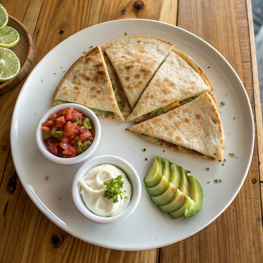 Breakfast quesadilla with scrambled eggs, peppers arranged in fan pattern on plate with toppings.