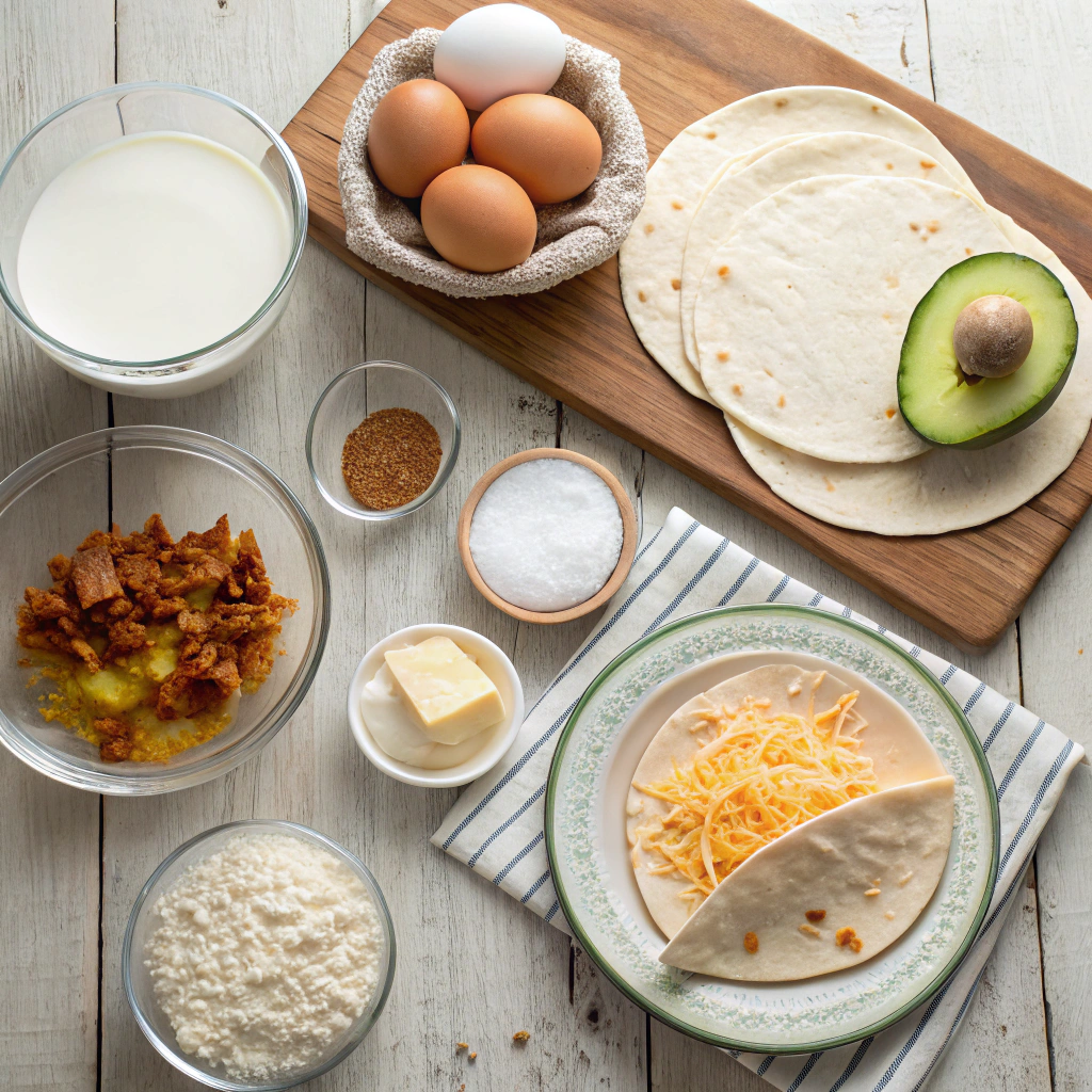 Breakfast quesadilla with eggs, bacon, cheese, and avocado ingredients beautifully arranged on wooden surface for mouthwatering visual.