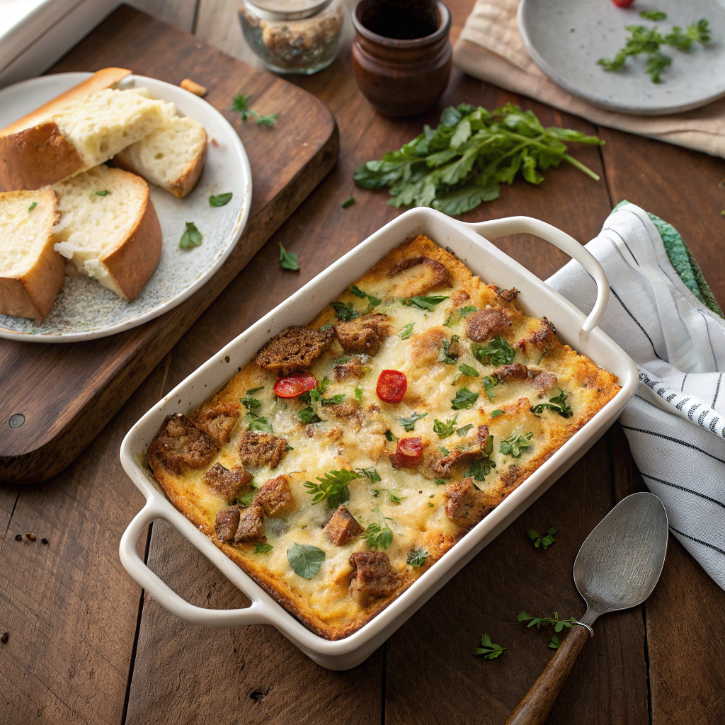 Breakfast strata featuring sausage, cheese, layered bread, garnished with fresh herbs, served in a ceramic dish.