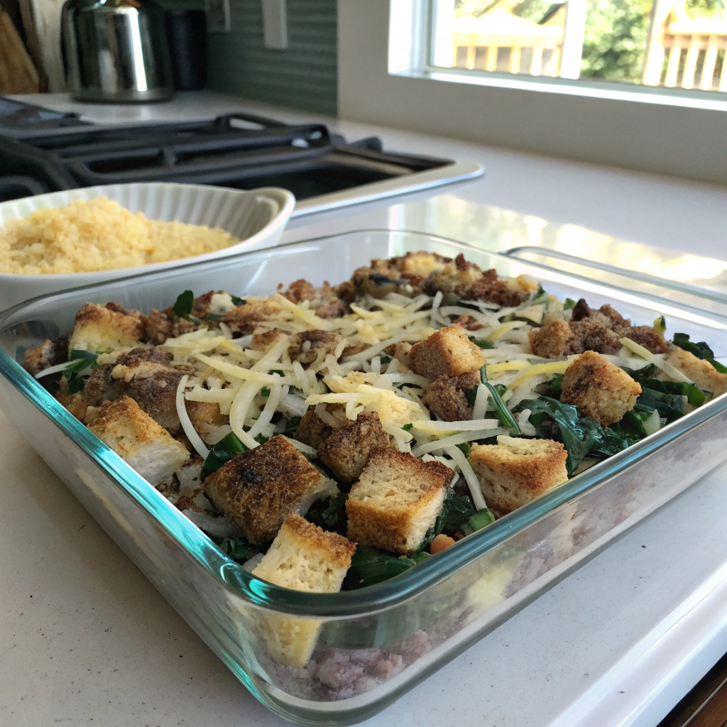 Breakfast strata assembly: bread cubes topped with sausage, onions, spinach, and cheese in a glass baking dish.