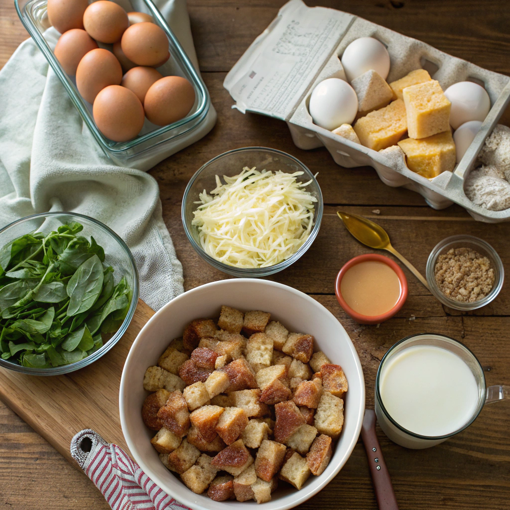 Breakfast strata ingredients flat lay with eggs, bread, sausage, cheese showing prep process