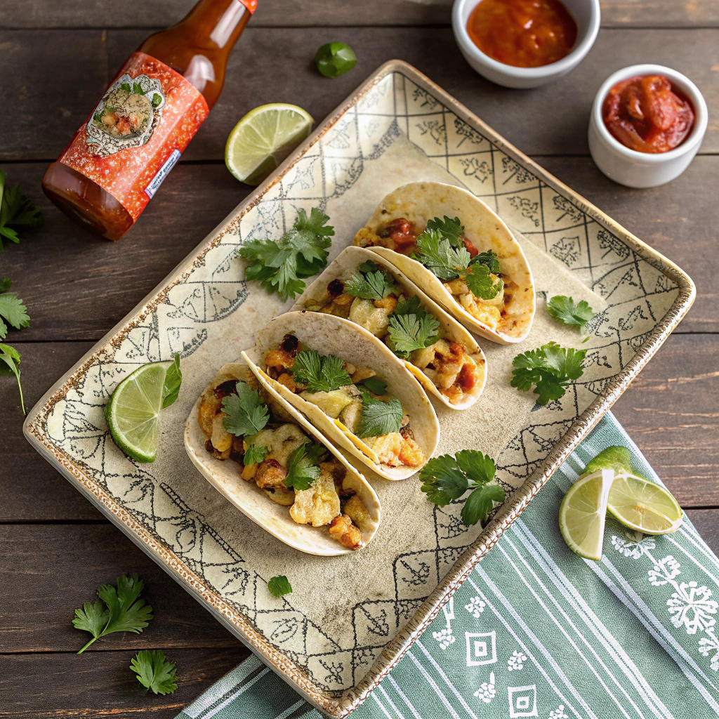 Breakfast tacos with scrambled eggs and cilantro, overhead view of four tacos arranged on a rustic plate.