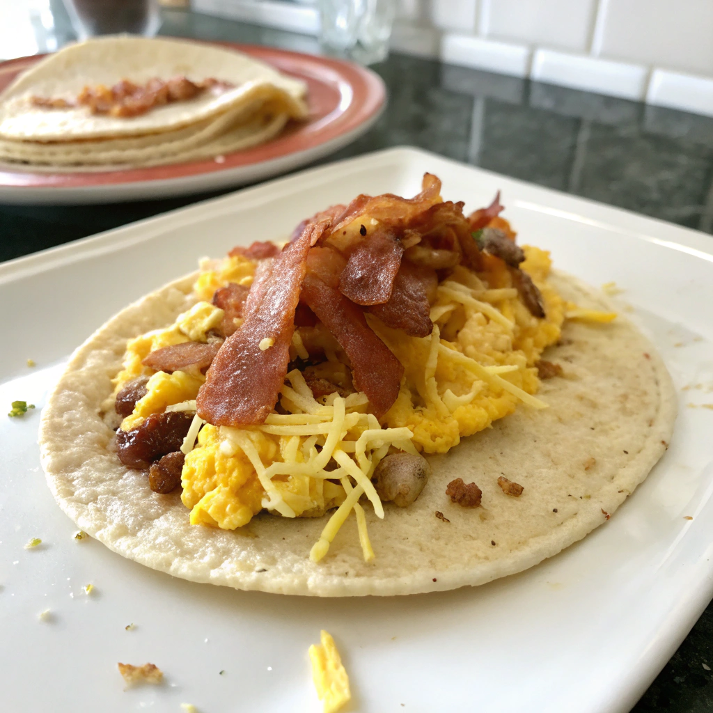 Breakfast tacos with scrambled eggs, bacon, and melted cheese on a warmed tortilla, ready for fresh toppings.