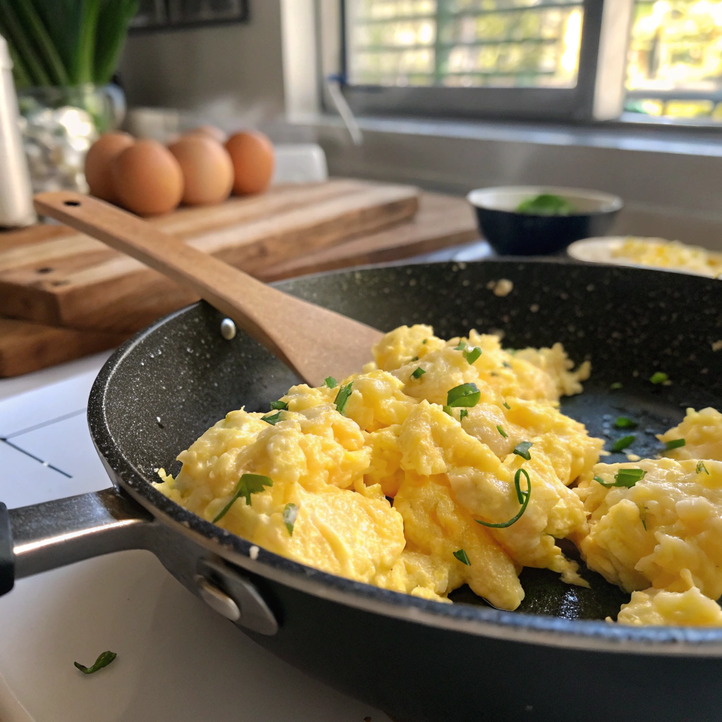 Breakfast tacos scrambled eggs in skillet - soft, glossy texture with wooden spatula