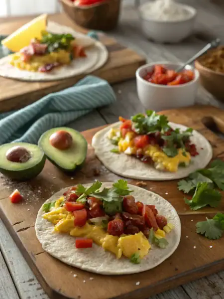 Breakfast tacos with fluffy eggs, crispy bacon, melted cheese and fresh toppings artfully arranged on rustic table.