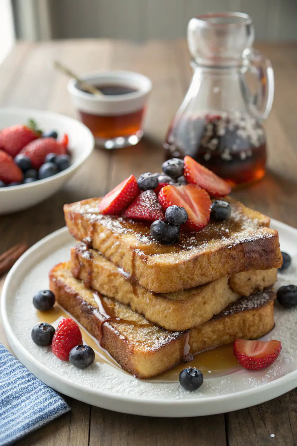 Brioche French toast: 3 stacked slices topped with berries, syrup, dusted with sugar on rustic table. Inviting breakfast photo.