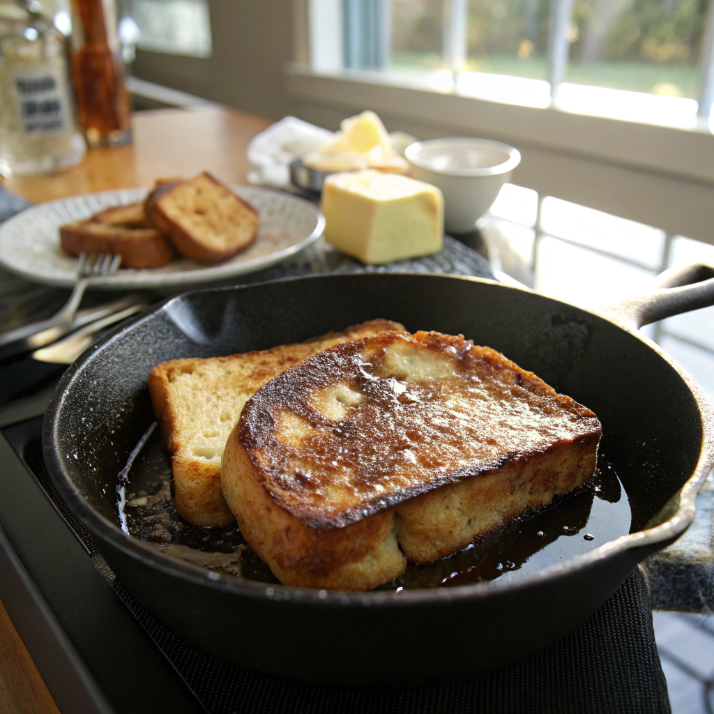 Brioche French toast recipe: golden-brown bread, caramelized edges, melting butter in rustic cast iron dish. Inviting kitchen scene. 119 chars