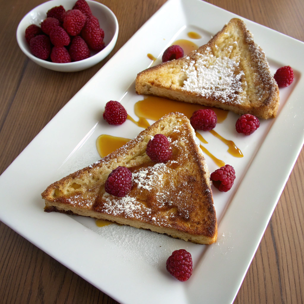 Brioche French toast: golden brioche slices garnished with butter, raspberries, syrup, contrasted by dusting of powdered sugar on white plate.