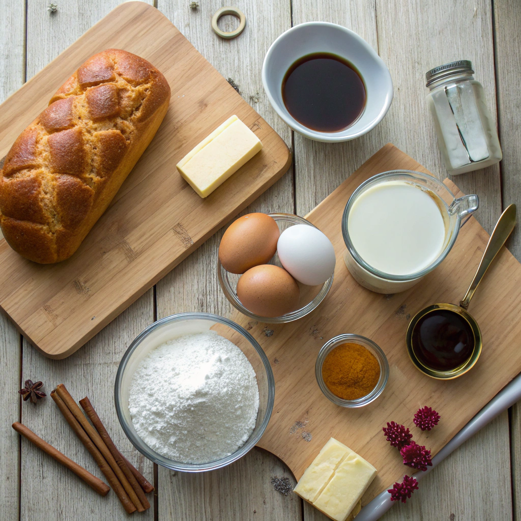 Brioche French Toast ingredients laid out: bread, eggs, milk, sugar, spices, butter, syrup, berries. Rustic kitchen scene, composed flat lay.