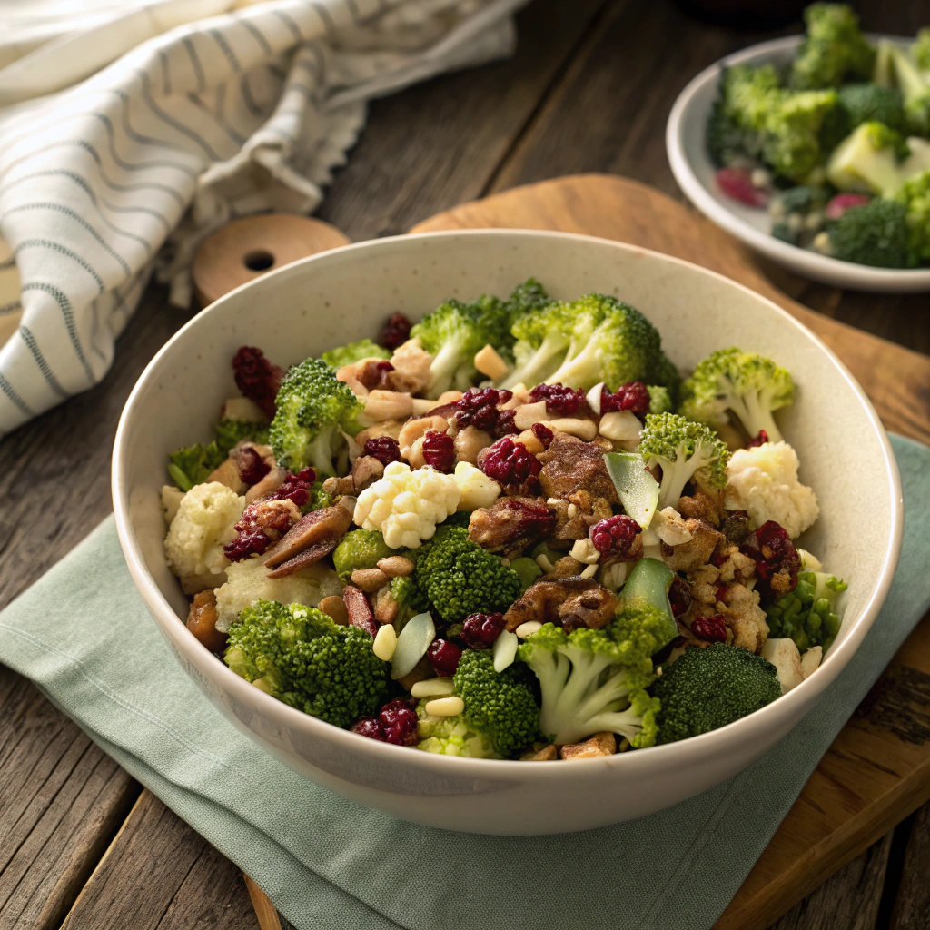 Broccoli cauliflower salad with crunchy bacon, seeds, and cranberries - overhead view of colorful, fresh ingredients arranged in sections.