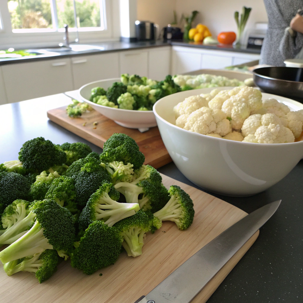 Broccoli cauliflower salad with fresh florets and knife on cutting board, prepped in kitchen.