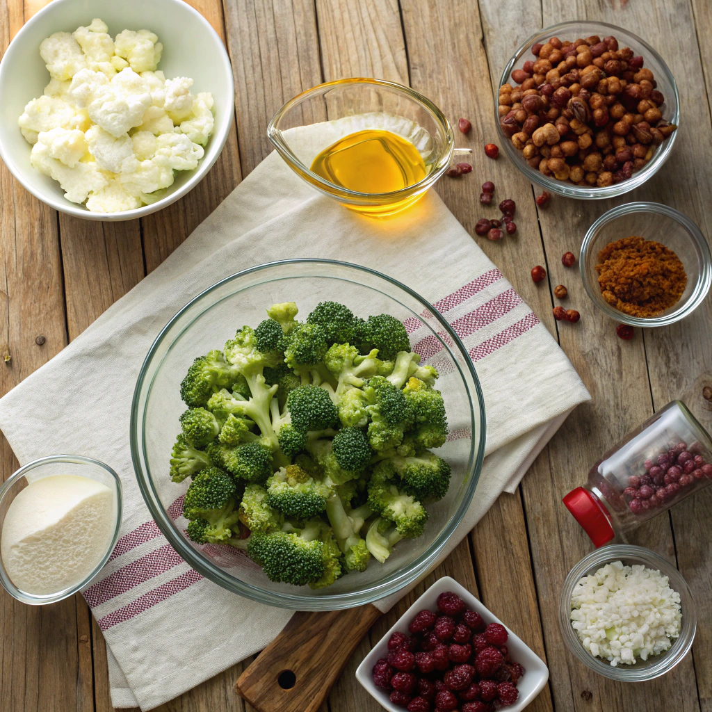 Broccoli cauliflower salad with bacon, sunflower seeds, and cranberries. Colorful and fresh ingredients arranged beautifully.