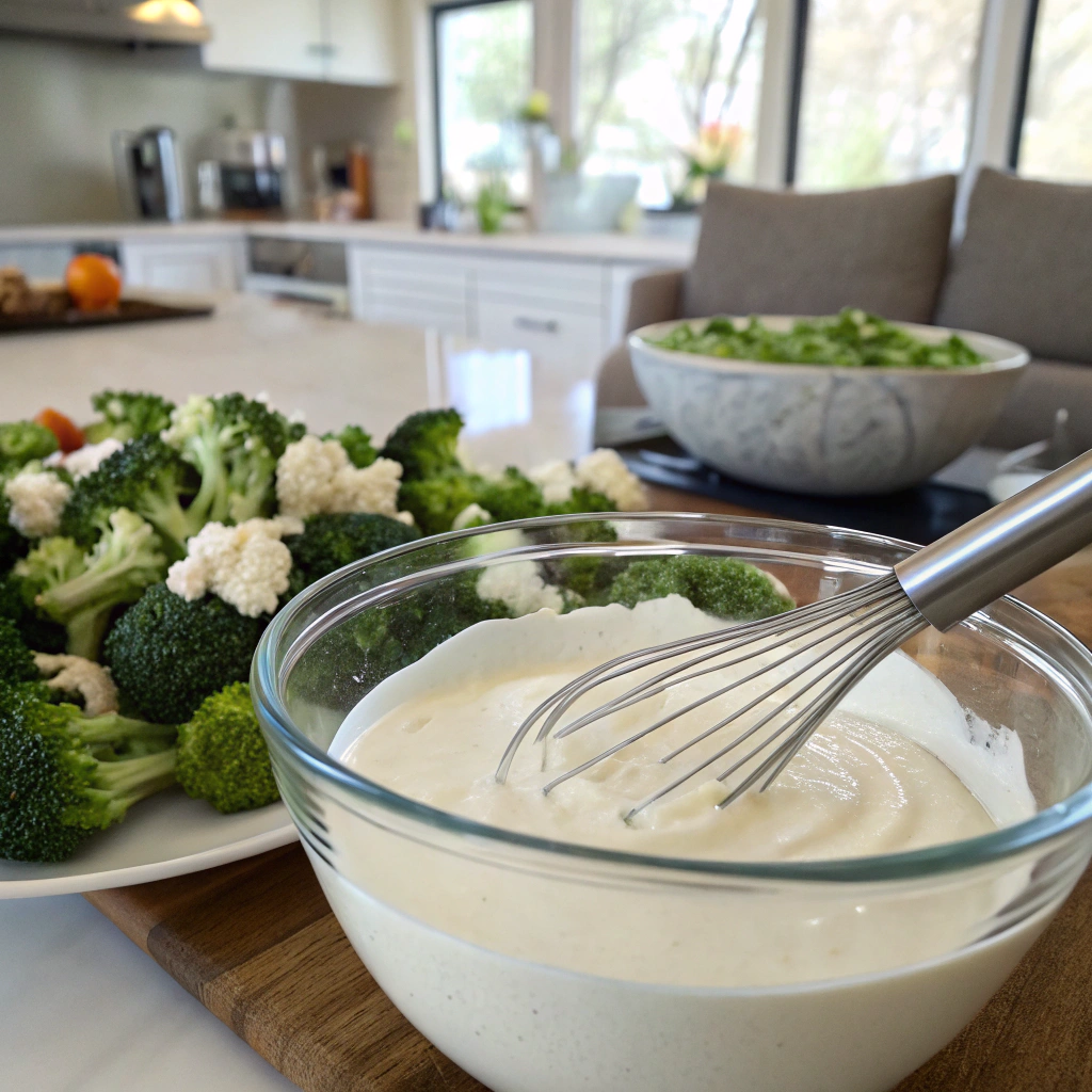 Broccoli cauliflower salad recipe photo, creamy dressing, fresh veggies, prep in progress