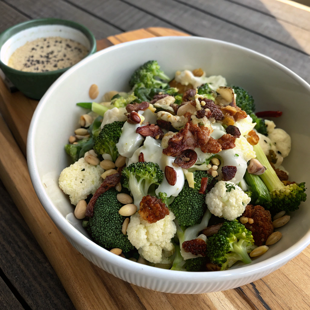 Broccoli cauliflower salad recipe with creamy dressing, bacon crumbles, and sunflower seeds in a white ceramic bowl on a wooden table.