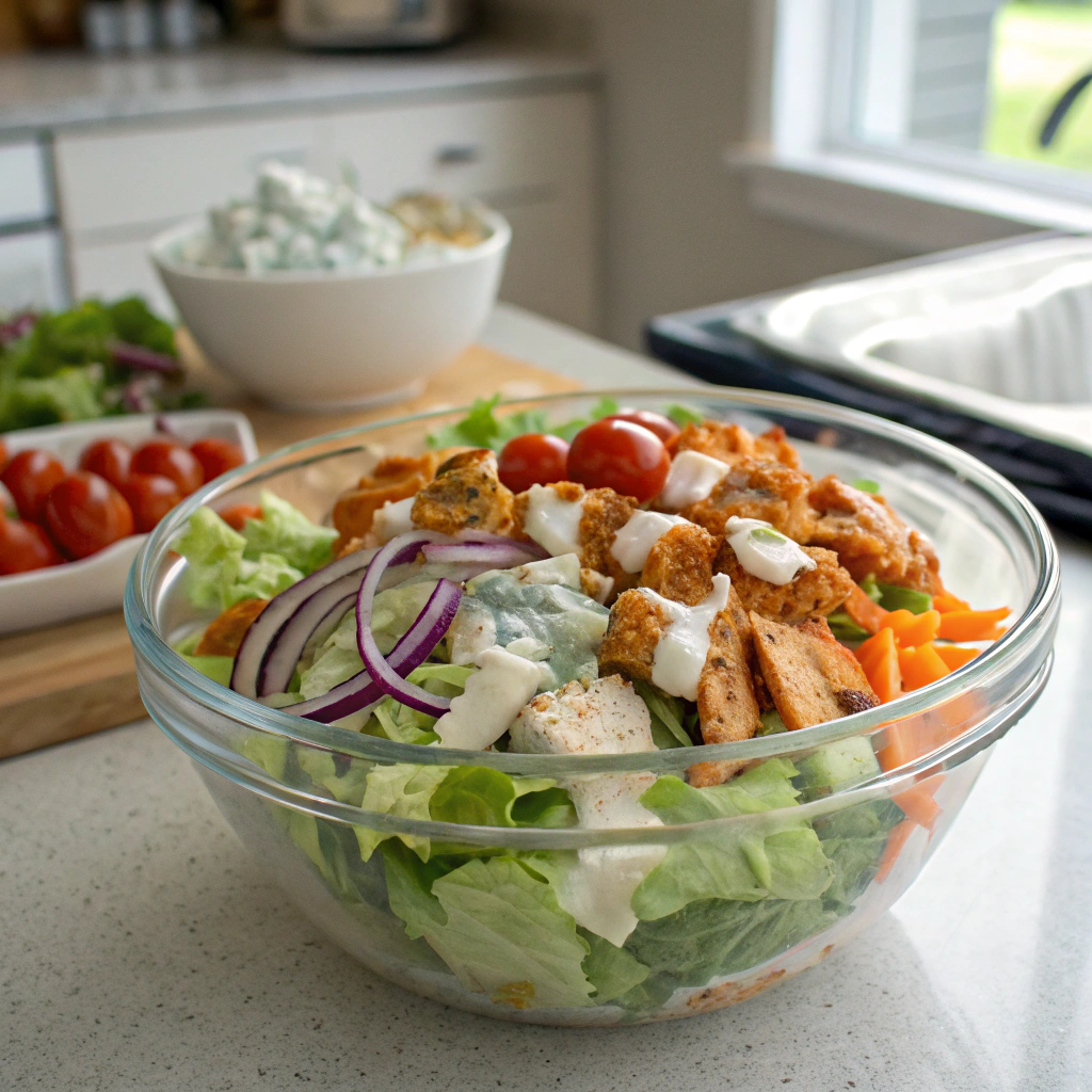 Buffalo chicken salad recipe with romaine, celery, carrots, chicken, ranch and blue cheese in layered glass bowl.