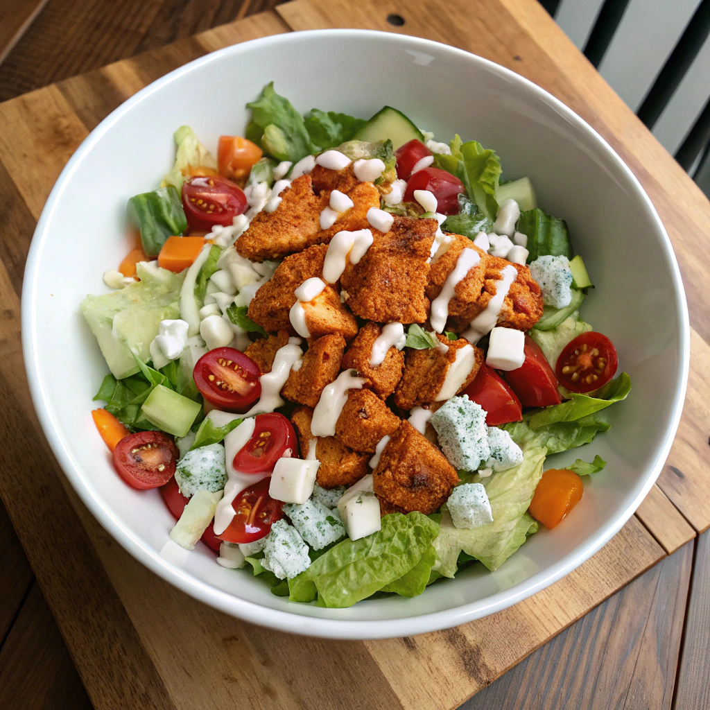 Buffalo chicken salad recipe with crispy romaine, vibrant veggies, juicy buffalo chicken chunks, blue cheese crumbles in a white serving bowl.