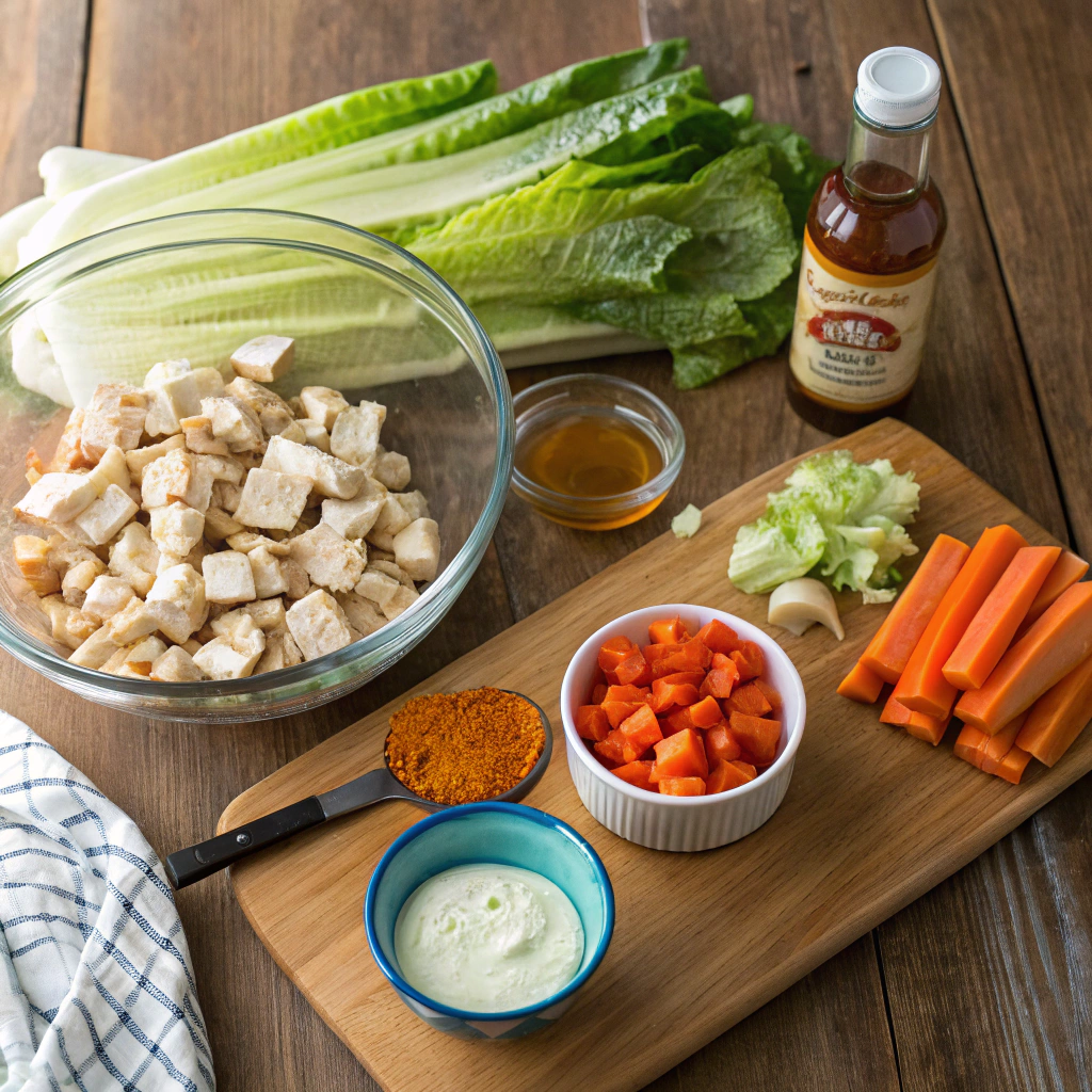 Buffalo chicken salad recipe with diced chicken, Frank's RedHot, romaine, ranch dressing, veggies arranged for cooking.