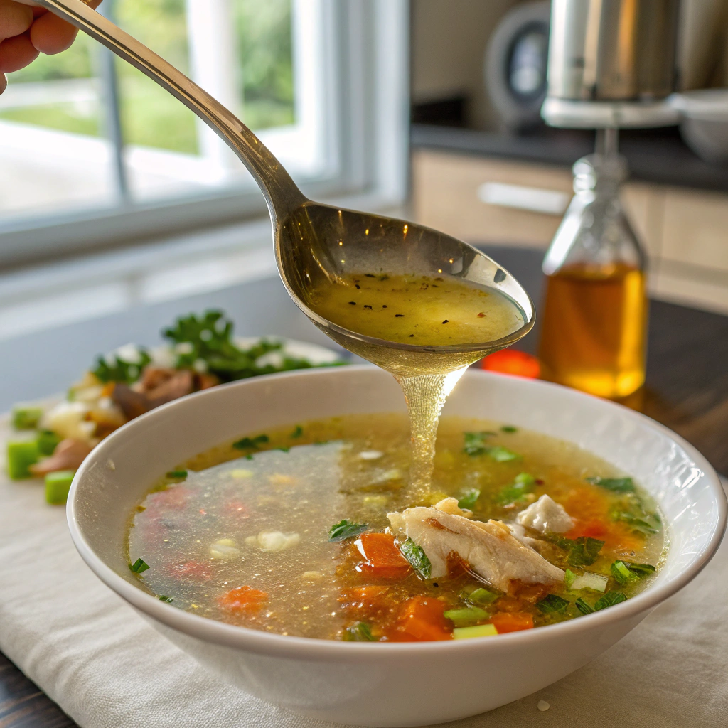 Caldo de pollo recipe chicken broth lifted in spoon, clear golden vegetables beneath