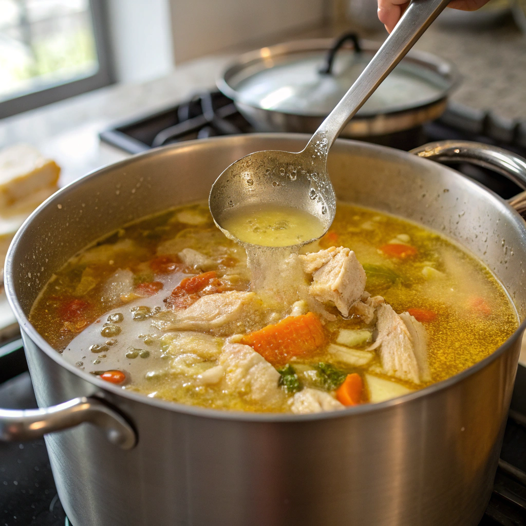 Caldo de pollo recipe with chicken and vegetables simmering in golden broth, being skimmed in modern kitchen