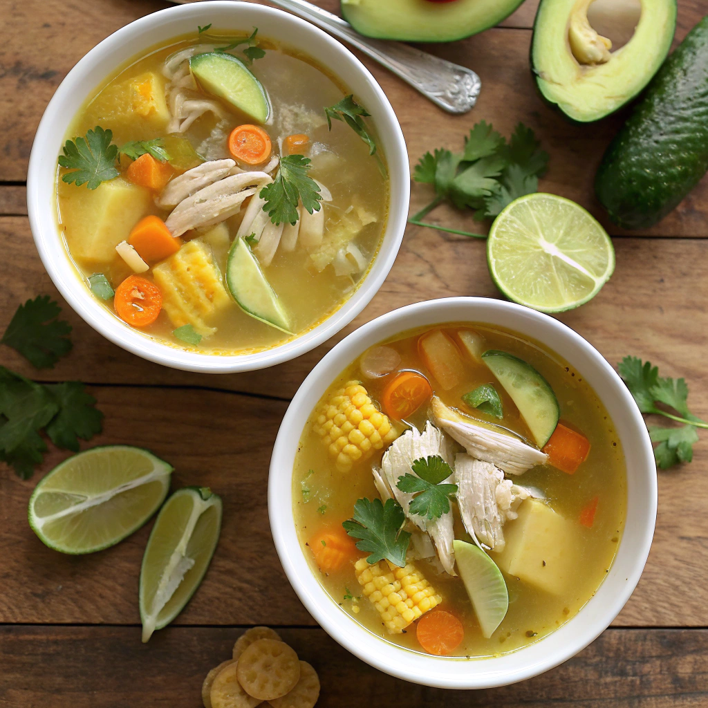 Caldo de pollo recipe with chicken, corn, carrots in golden broth, garnished with cilantro, lime, avocado.