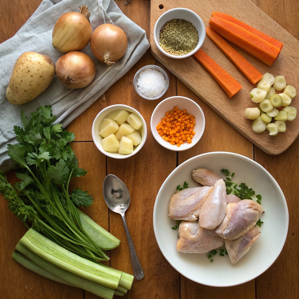 Caldo de pollo recipe ingredients including chicken, vegetables, herbs, spices artfully arranged on rustic table