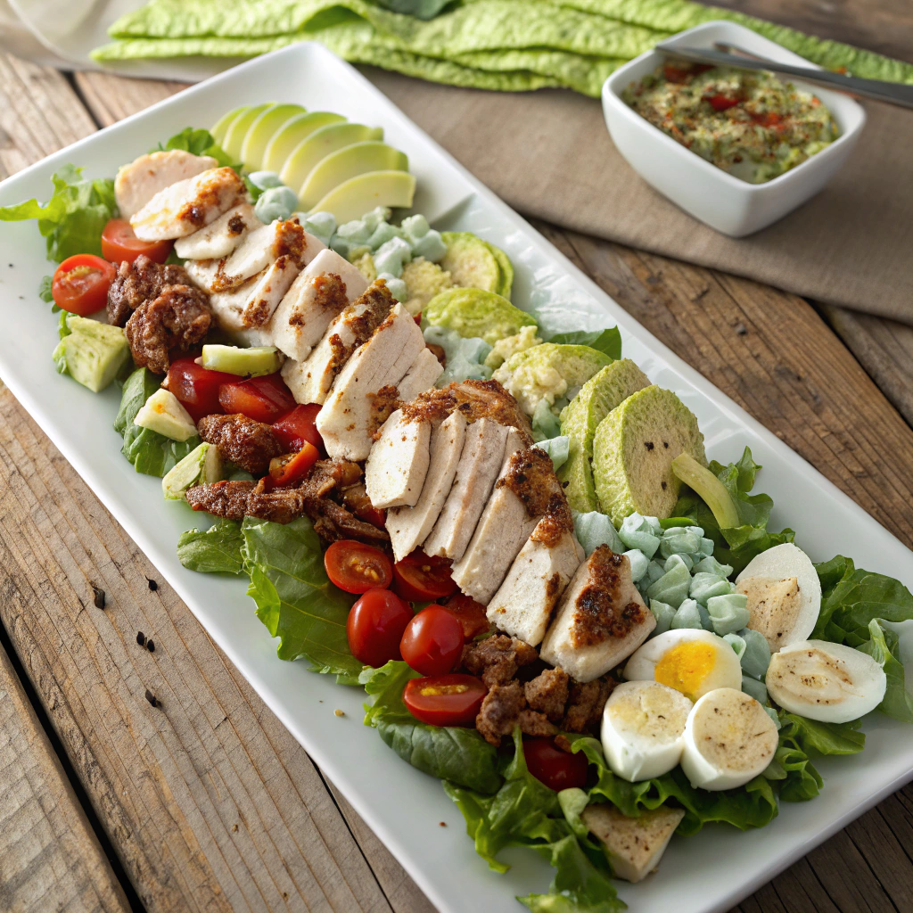 California cobb salad arranged in rows showcasing chicken, bacon, eggs, tomatoes, avocado over lettuce with blue cheese on platter.