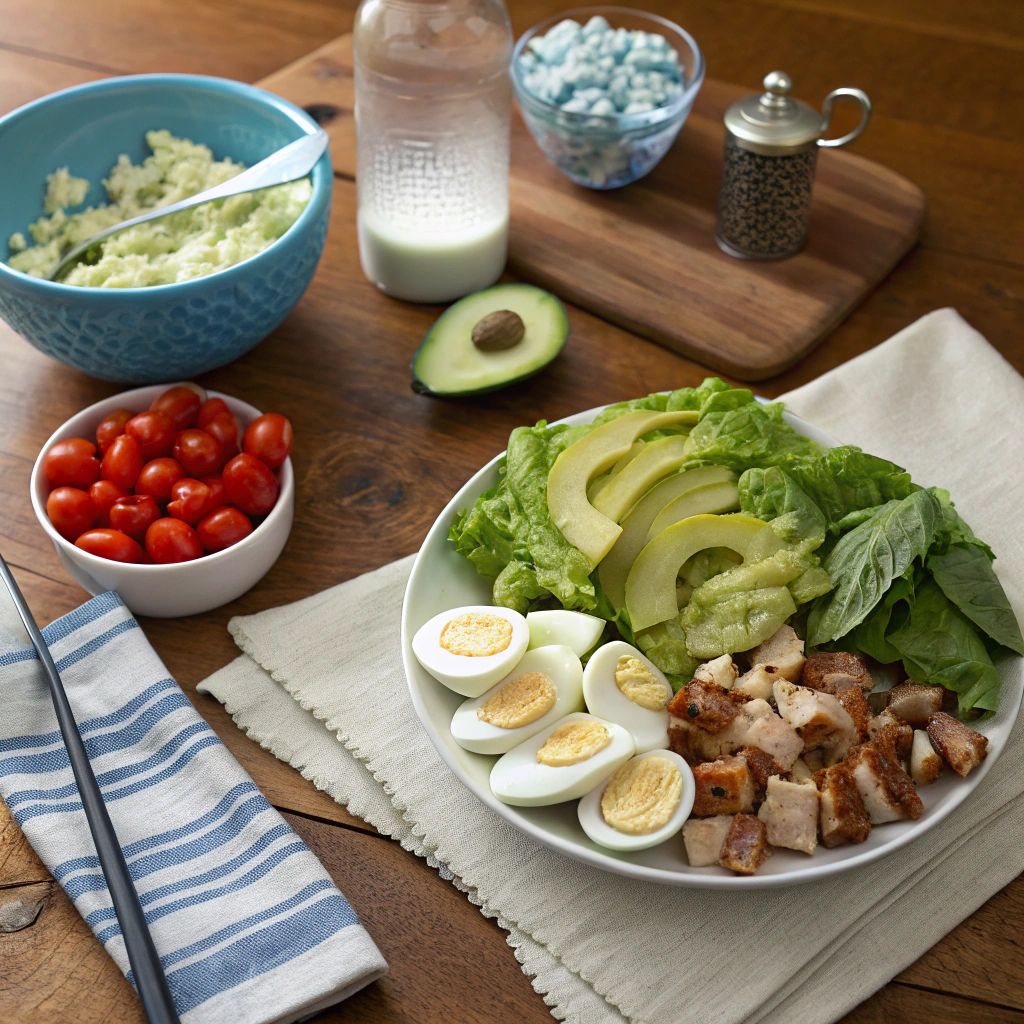 California cobb salad prep: romaine, chicken, bacon, eggs, avocado in bowls. Flatlay of fresh ingredients on rustic wooden table.