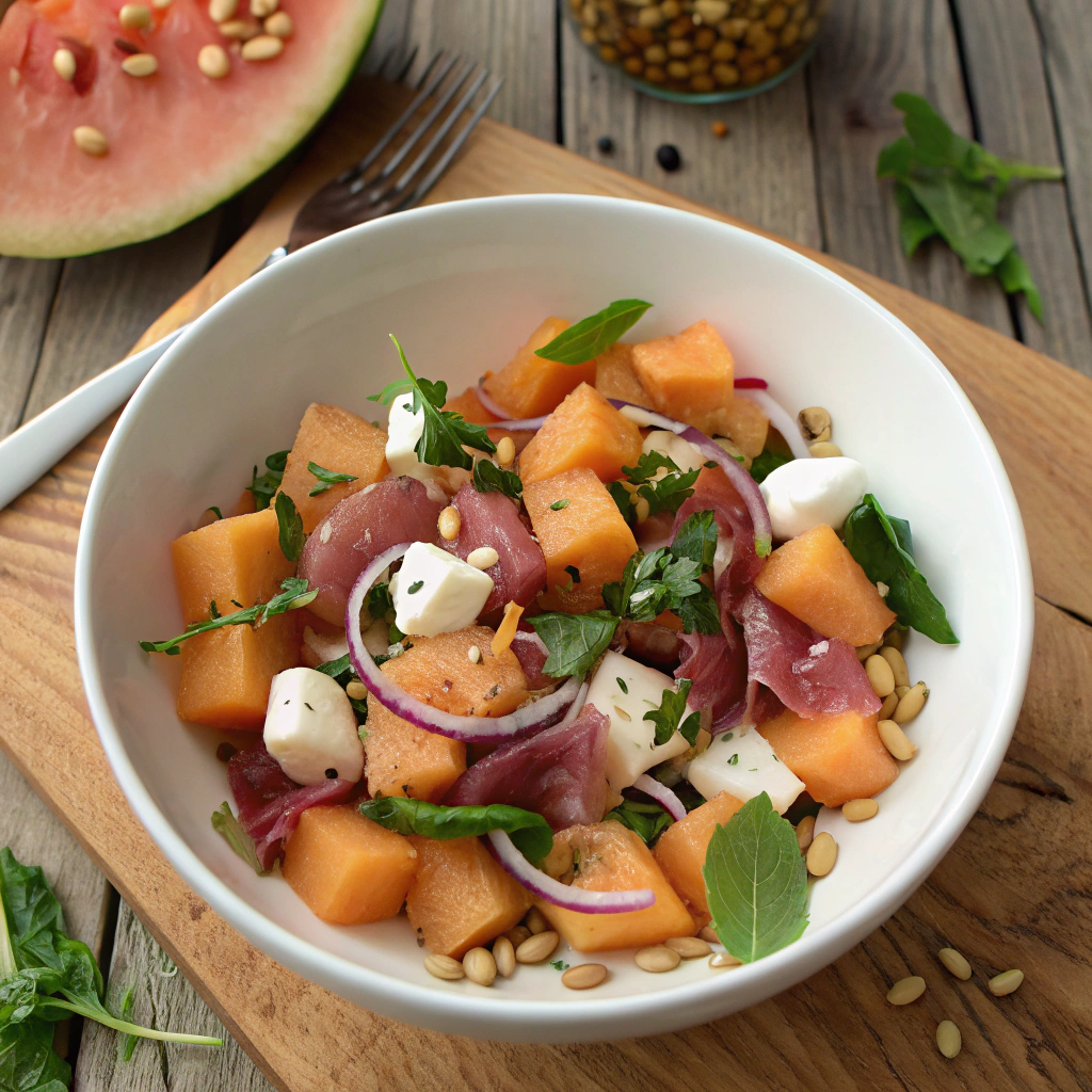 Cantaloupe summer salad with cubed melon, prosciutto, mozzarella, onion, mint, toasted nuts in white bowl on wooden table. Overhead shot showing vibrant arrangement.