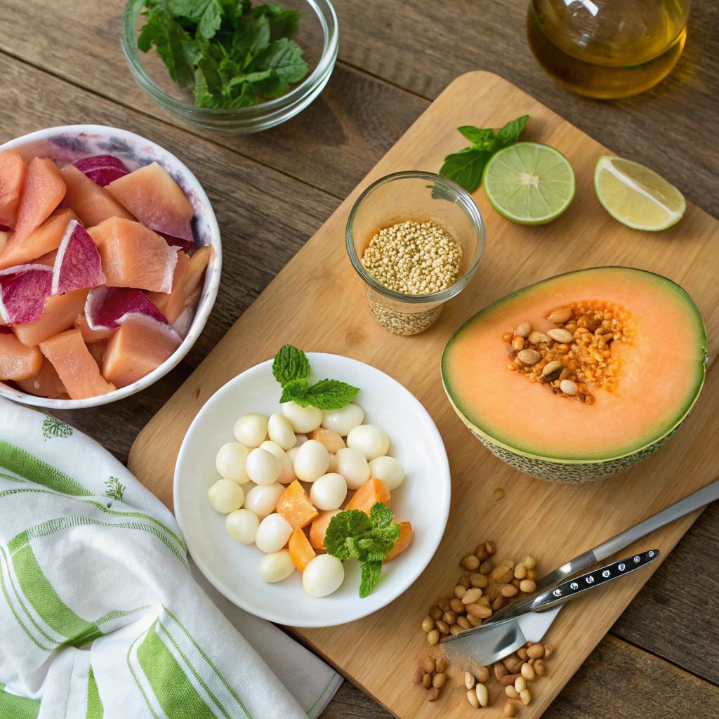 Cantaloupe summer salad ingredients: cubed melon, prosciutto, mozzarella, mint, onions, pine nuts, honey, lime on wooden board. Vibrant x200 flat lay.