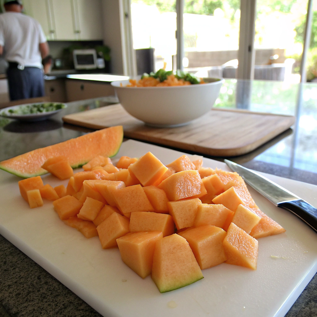 Cantaloupe summer salad recipe with cubed cantaloupe pieces beautifully arranged on cutting board, showcasing clean cuts and uniform size.