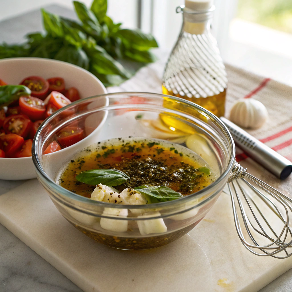 Caprese Pasta Salad dressing prep: olive oil, balsamic vinegar, garlic, pepper emulsion in glass bowl with whisk on side in bright kitchen.