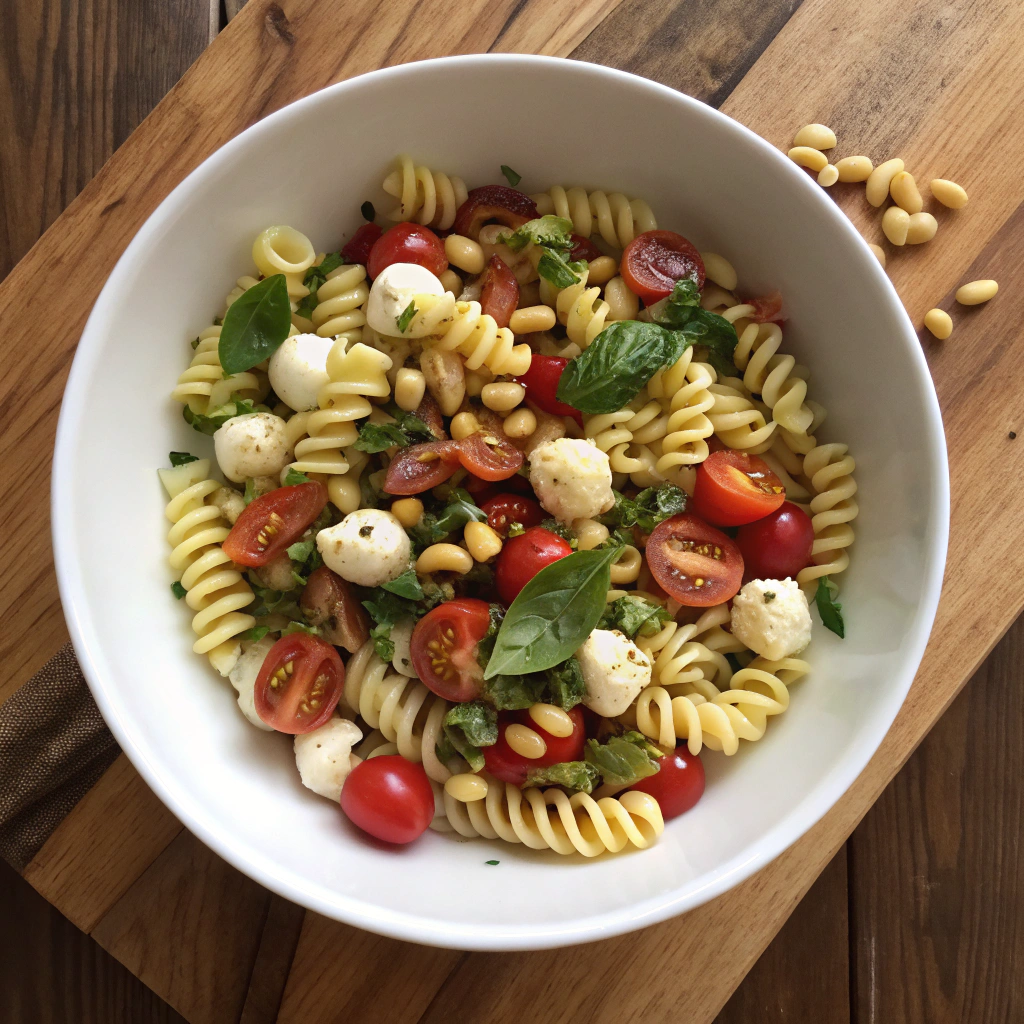 Caprese Pasta Salad showcases spiral pasta, mozzarella pearls, cherry tomatoes, basil, toasted pine nuts in white bowl, drizzled olive oil, rustic composition.