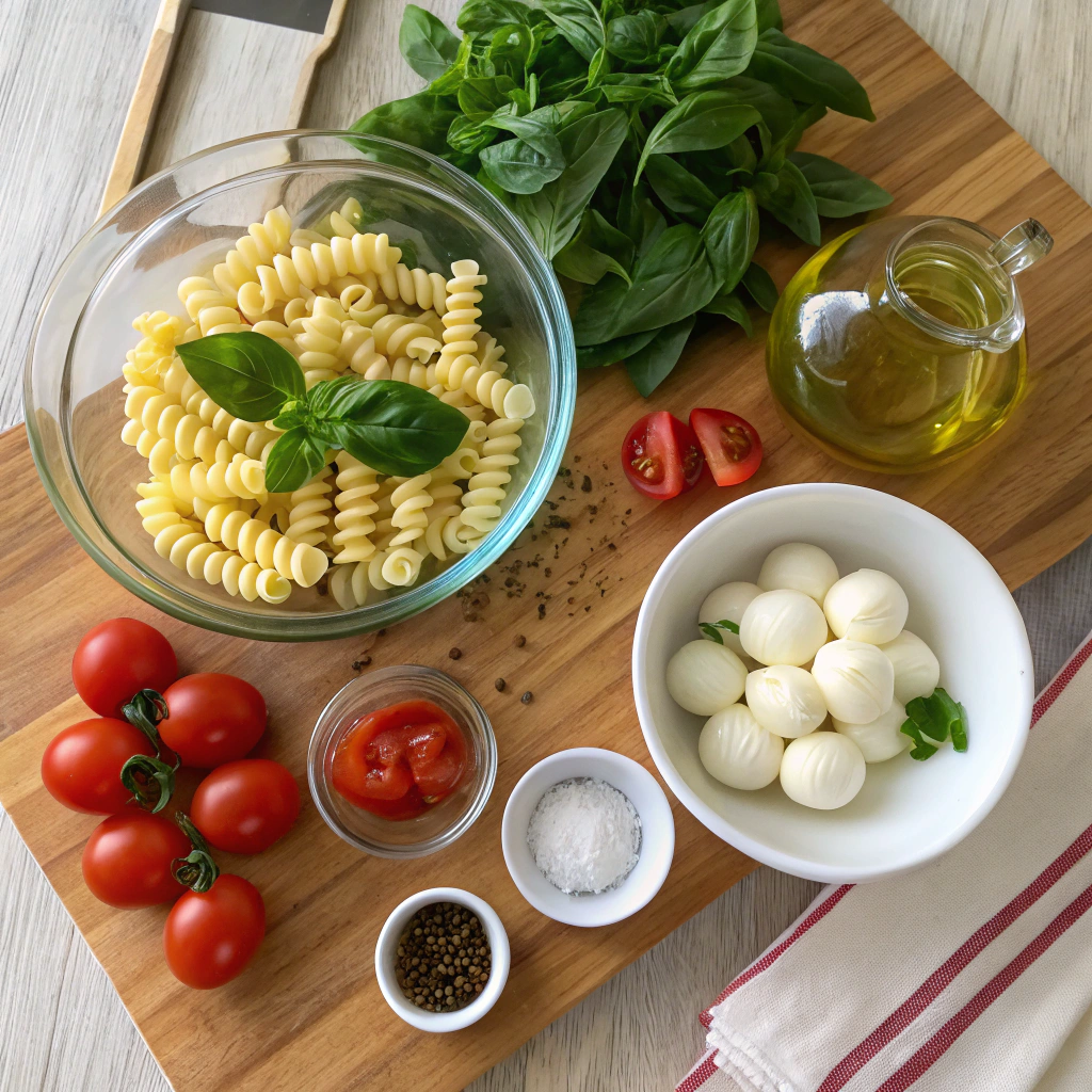 Caprese Pasta Salad ingredients artfully arranged: pasta, mozzarella, tomatoes, basil, garlic, olive oil, balsamic, pine nuts, salt, pepper in rustic flatlay