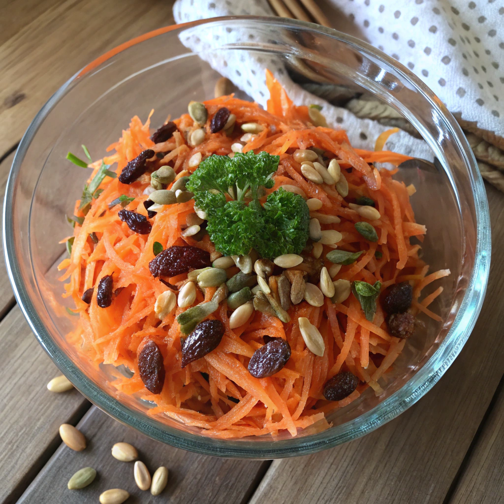 Carrot raisin salad recipe with sunflower seeds, fresh parsley garnish in glass bowl, overhead texture shot