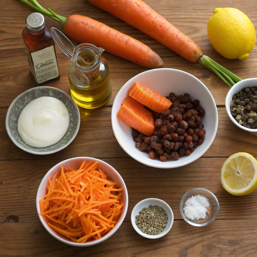 Carrot raisin salad recipe with fresh carrots, raisins, sunflower seeds arranged on rustic wood table