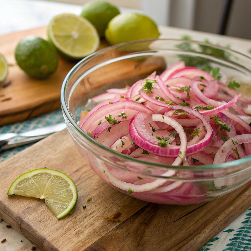 Cebolla Ensalada recipe close-up: vibrant pink marinated onions in lime marinade - detailed view of finished Mexican pickled onions