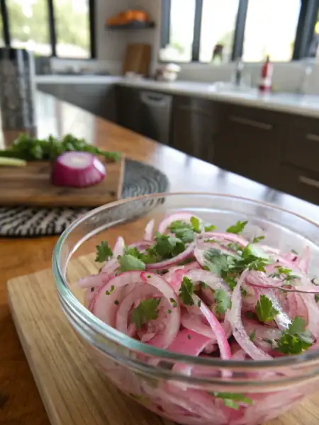 Cebolla Ensalada recipe featuring fresh pickled onions and cilantro in glass bowl on rustic wood table - traditional Mexican appetizer preparation