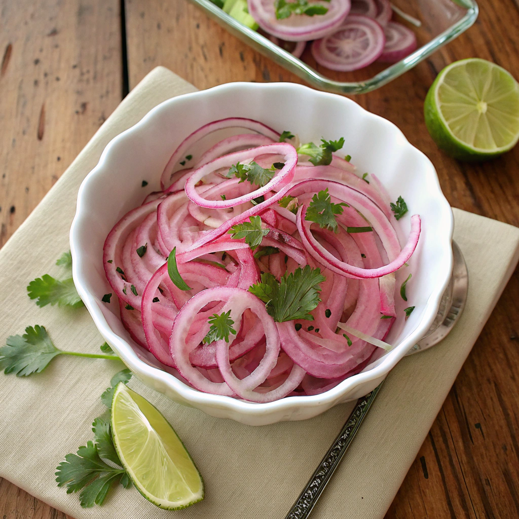 Cebolla Ensalada recipe showing bright pink onion rings and lime wedges arranged artfully in white bowl - overhead shot of Mexican pickled onions