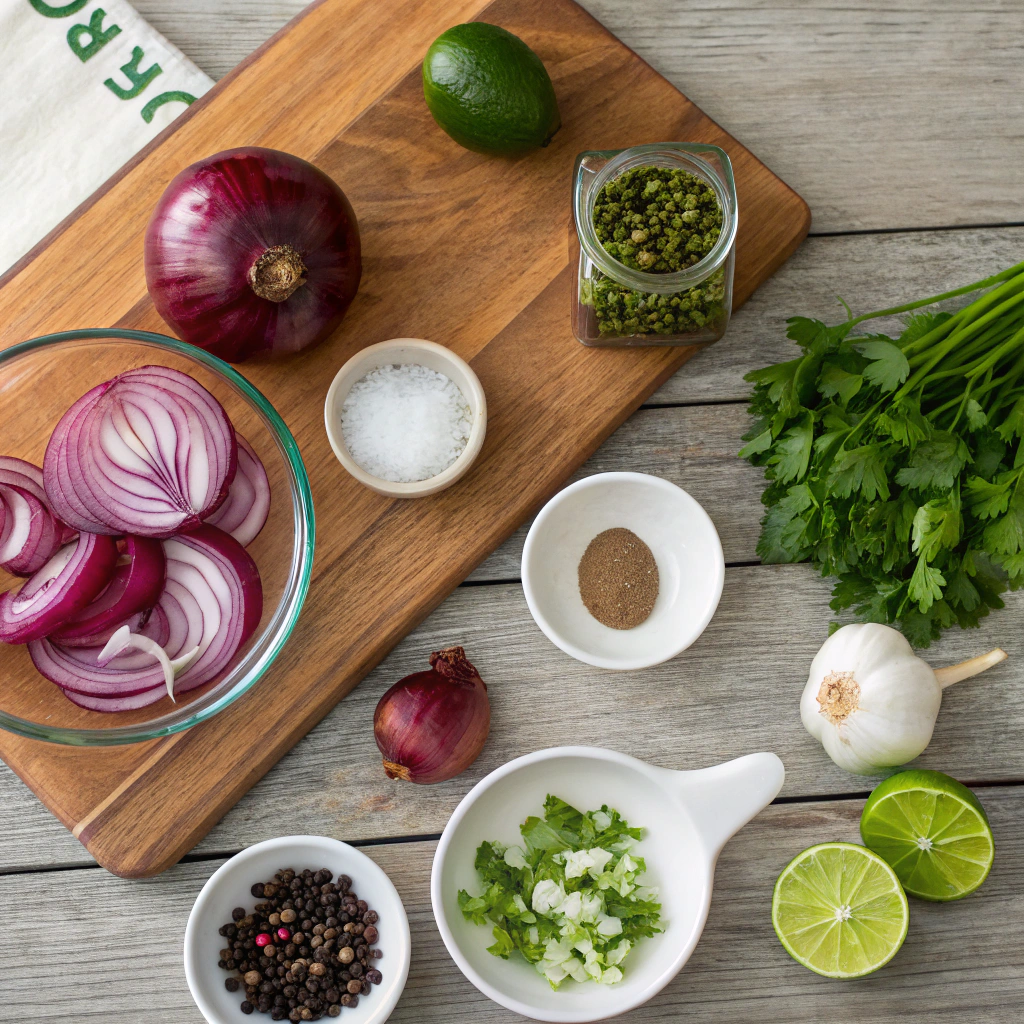 Cebolla Ensalada recipe ingredients preparation with fresh red onions, limes and herbs laid flat on wooden table for Mexican pickled onions