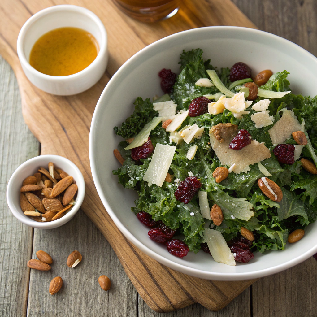 Chick fil a kale salad recipe with cherries, almonds, drizzled vinaigrette over massaged kale and cabbage mix in white bowl.