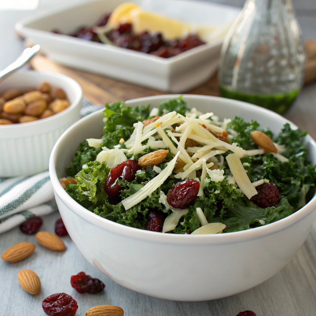 Chick fil a kale salad recipe with dried cherries and almonds, visually appetizing in a ceramic bowl