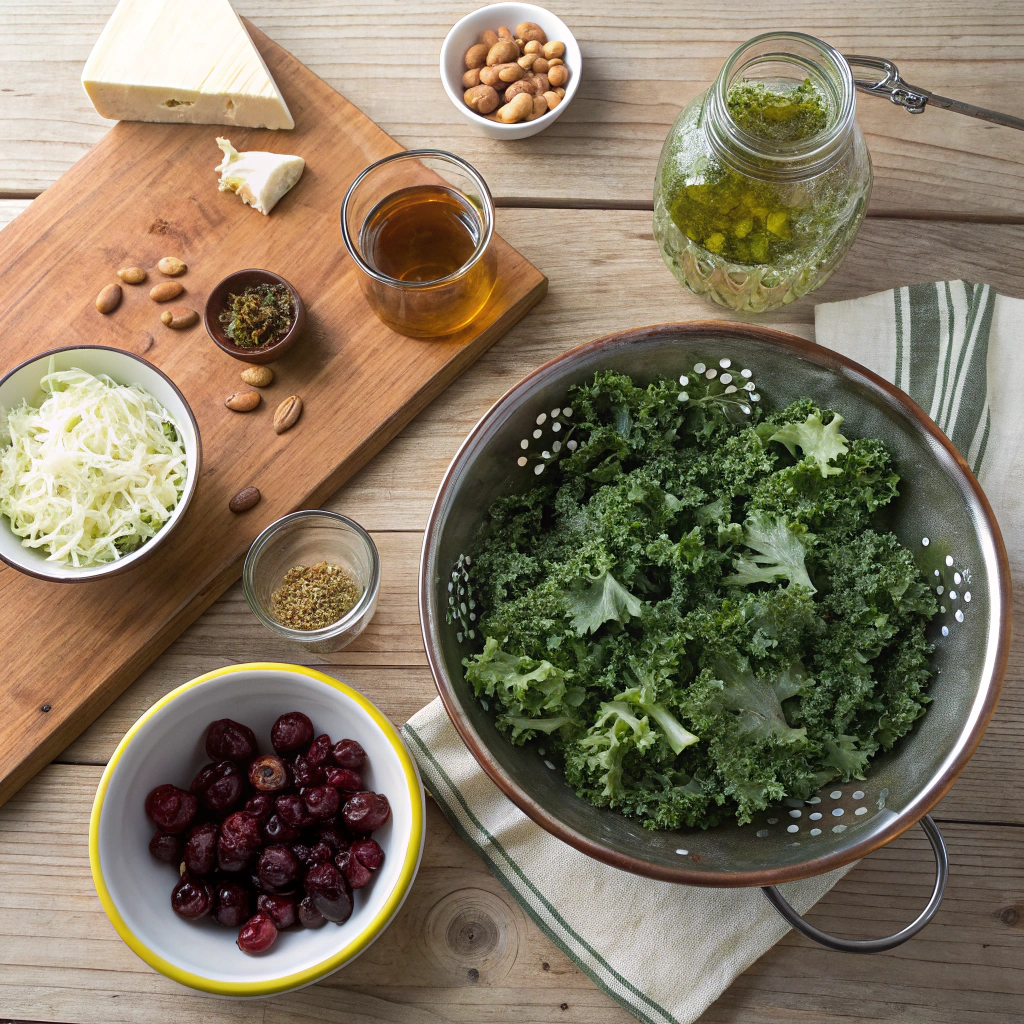 Chick fil a kale salad recipe ingredients including fresh kale, cabbage, dried cherries, almonds, Parmesan and vinaigrette artfully arranged.