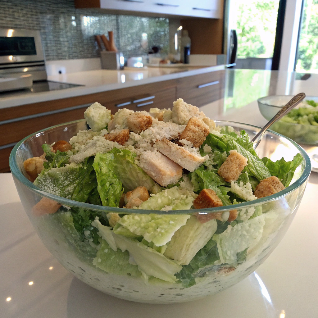 Chicken caesar salad assembly with romaine leaves, grilled chicken, parmesan in clear glass bowl. Inviting photo capturing tossing process.