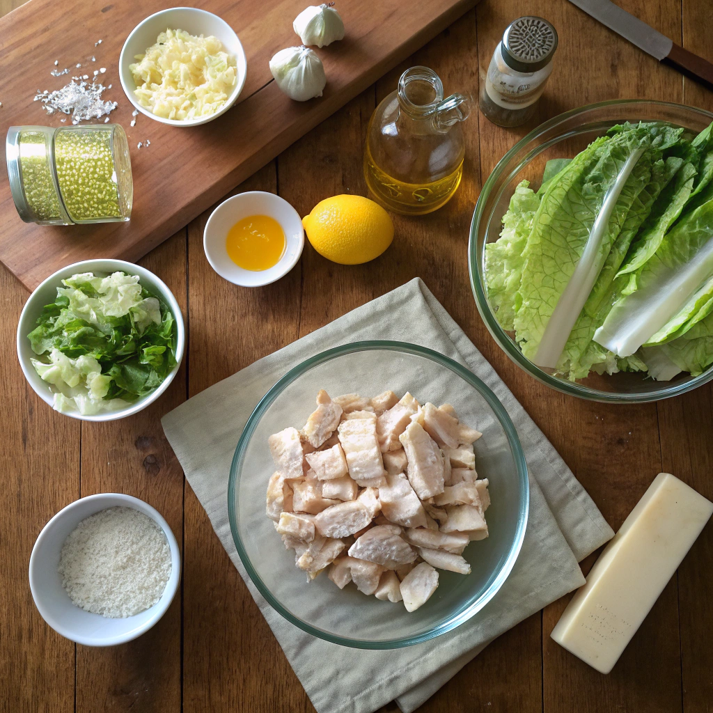 Chicken caesar salad with romaine, grilled chicken, Parmesan on rustic wooden table showing fresh ingredients arranged.