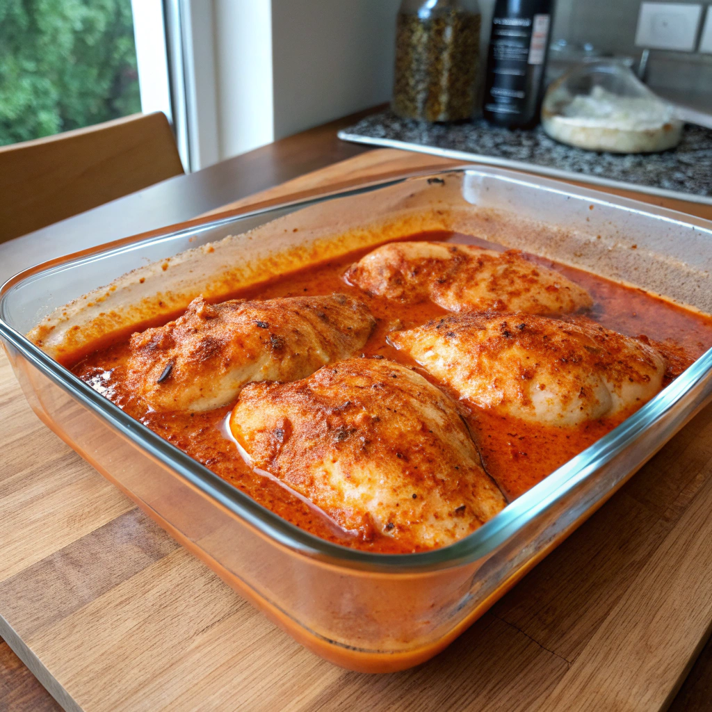 Chicken fajita marinade with vibrant orange-red color submerging butterflied chicken breasts in glass baking dish on rustic wooden counter.